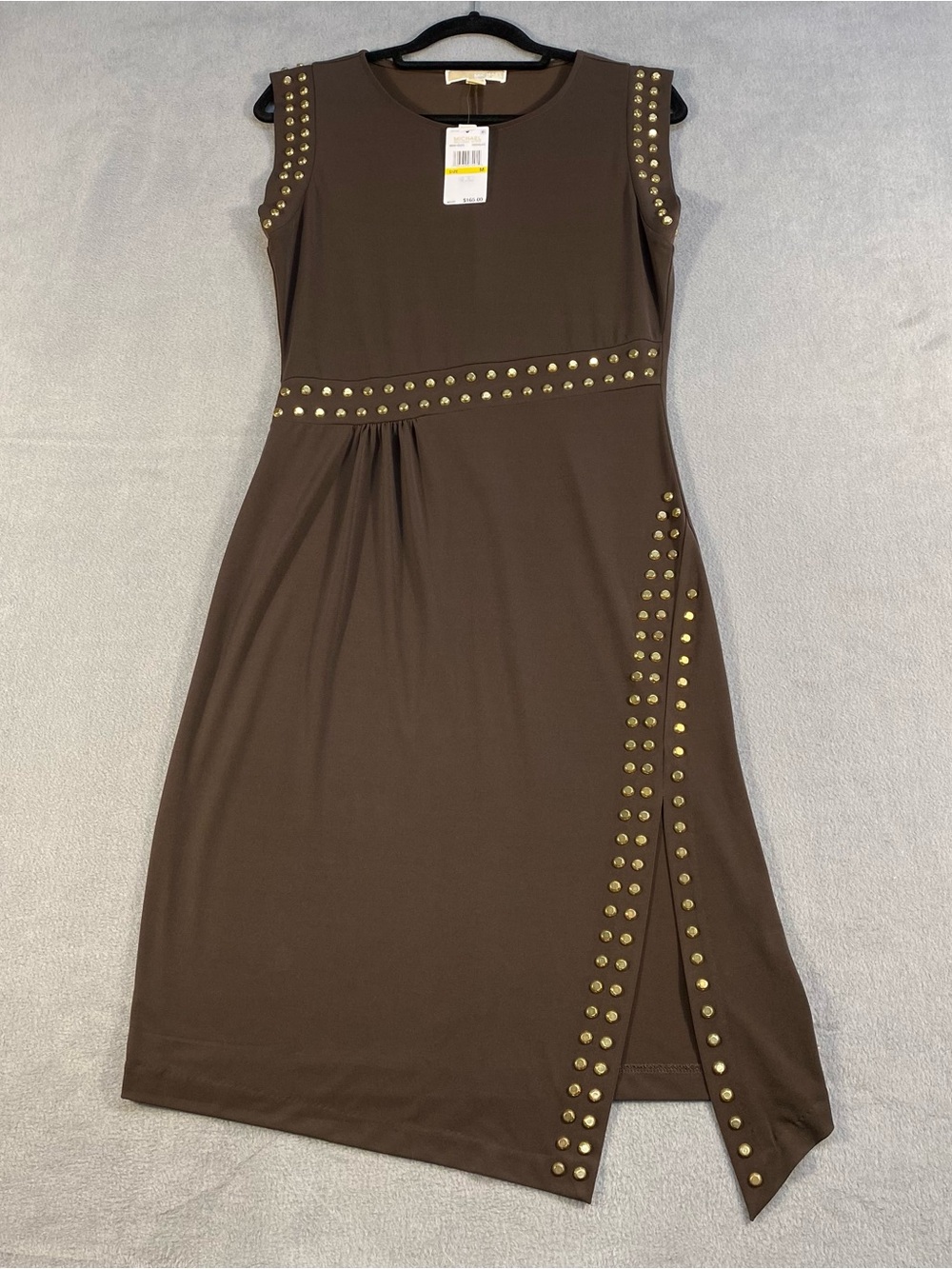 Michael Kors women’s Brown Studded Accent Jersey Midi Dress, side slit, size M